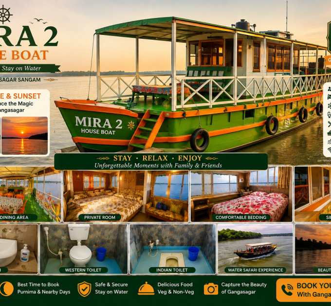 Mira 2 House Boat Gangasagar, Mira 2 House Boat near Gangasagar Sangam, Gangasagar private houseboat, Gangasagar houseboat stay, Mira 2 House Boat sunrise view, Mira 2 House Boat sunset view, Gangasagar water safari, Mira 2 House Boat family accommodation, Gangasagar floating stay, Mira 2 House Boat interior