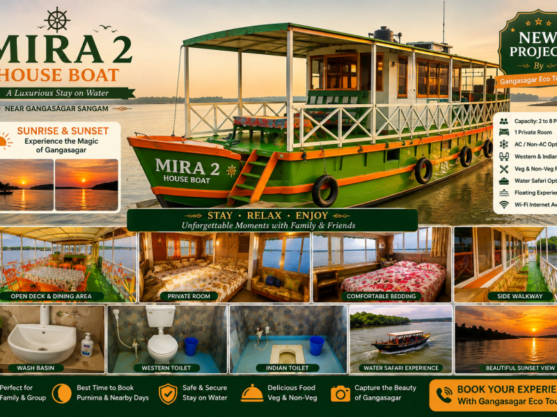 Mira 2 House Boat Gangasagar, Mira 2 House Boat near Gangasagar Sangam, Gangasagar private houseboat, Gangasagar houseboat stay, Mira 2 House Boat sunrise view, Mira 2 House Boat sunset view, Gangasagar water safari, Mira 2 House Boat family accommodation, Gangasagar floating stay, Mira 2 House Boat interior