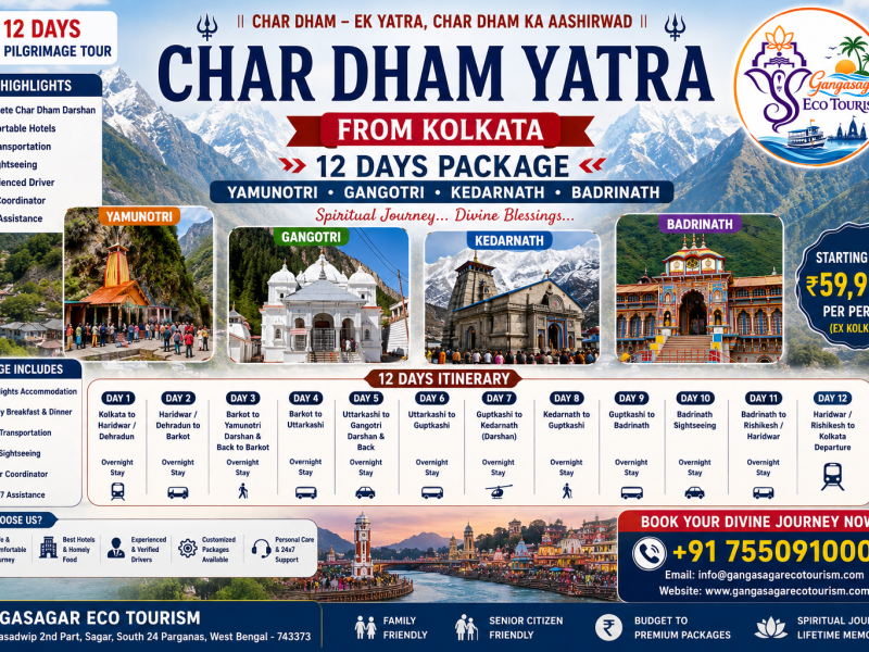 Char Dham Yatra from Kolkata, Char Dham Tour Package from Kolkata, 12 Days Char Dham Yatra, Yamunotri Gangotri Kedarnath Badrinath Yatra, Yamunotri Dham, Gangotri Dham, Kedarnath Temple, Badrinath Temple, Char Dham pilgrimage tour, Uttarakhand Char Dham Yatra, Kolkata to Char Dham tour, Kedarnath Badrinath Yatra, Gangasagar Eco Tourism