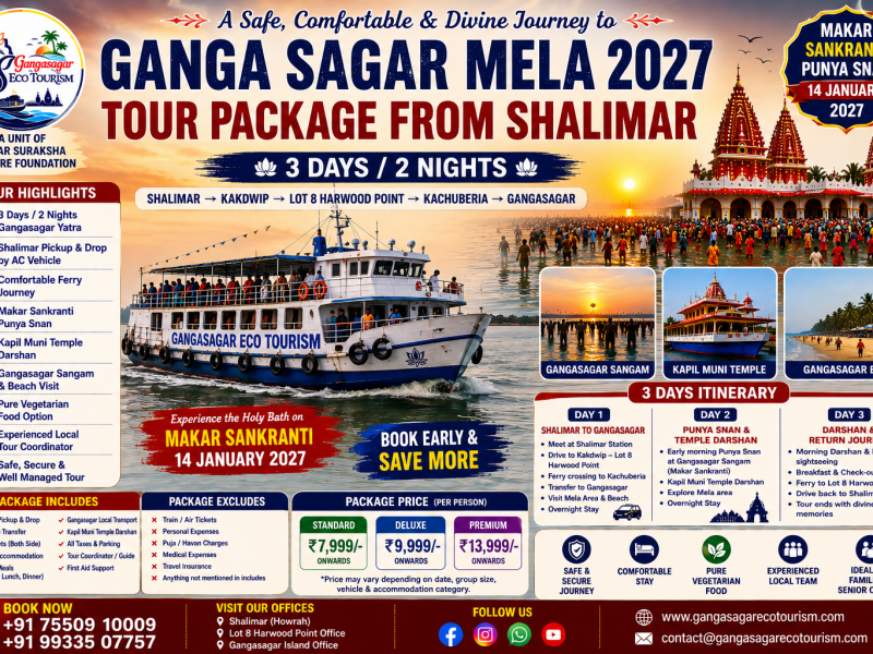 Ganga Sagar Mela 2027 Tour Package from Shalimar, Gangasagar Mela Tour from Shalimar, Shalimar to Gangasagar Tour Package, Gangasagar Yatra 2027 from Shalimar, Gangasagar Mela 3 Days Package, Gangasagar Mela 2 Nights Package, Makar Sankranti Punya Snan 2027, Gangasagar Sangam, Kapil Muni Temple Darshan, Gangasagar Ferry Journey, Gangasagar Mela Tour Package, Shalimar Gangasagar Yatra, Gangasagar Pilgrimage Tour 2027, Gangasagar Beach, Gangasagar Eco Tourism