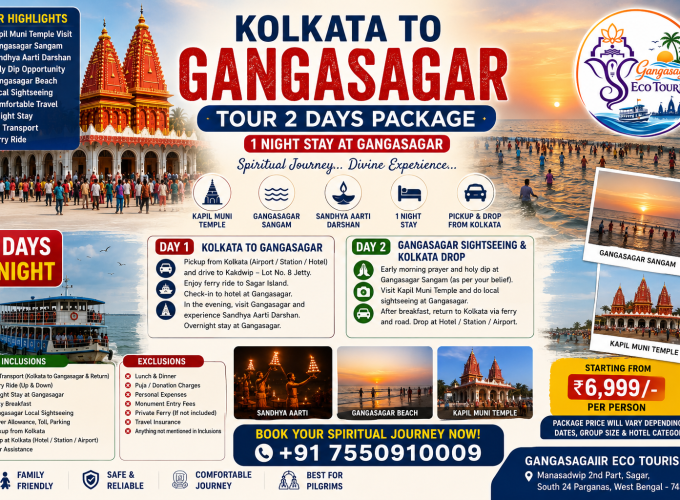Kolkata to Gangasagar Tour 2 Days Package, Gangasagar Yatra from Kolkata, Gangasagar tour package, Kapil Muni Temple Gangasagar, Gangasagar Sangam, Gangasagar Beach, Gangasagar Sandhya Aarti, Gangasagar holy dip, Muriganga River ferry, Sagar Island tour, Gangasagar pilgrimage tour, Kolkata to Gangasagar trip, Gangasagar Eco Tourism
