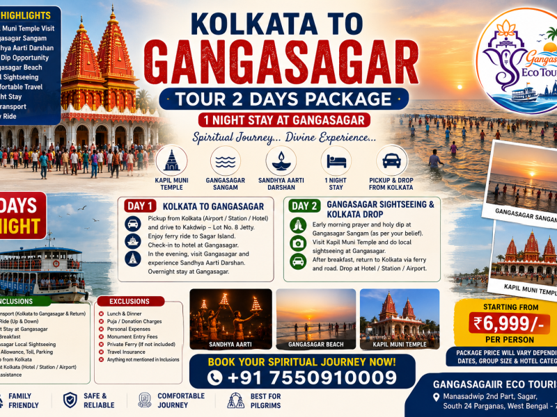 Kolkata to Gangasagar Tour 2 Days Package, Gangasagar Yatra from Kolkata, Gangasagar tour package, Kapil Muni Temple Gangasagar, Gangasagar Sangam, Gangasagar Beach, Gangasagar Sandhya Aarti, Gangasagar holy dip, Muriganga River ferry, Sagar Island tour, Gangasagar pilgrimage tour, Kolkata to Gangasagar trip, Gangasagar Eco Tourism