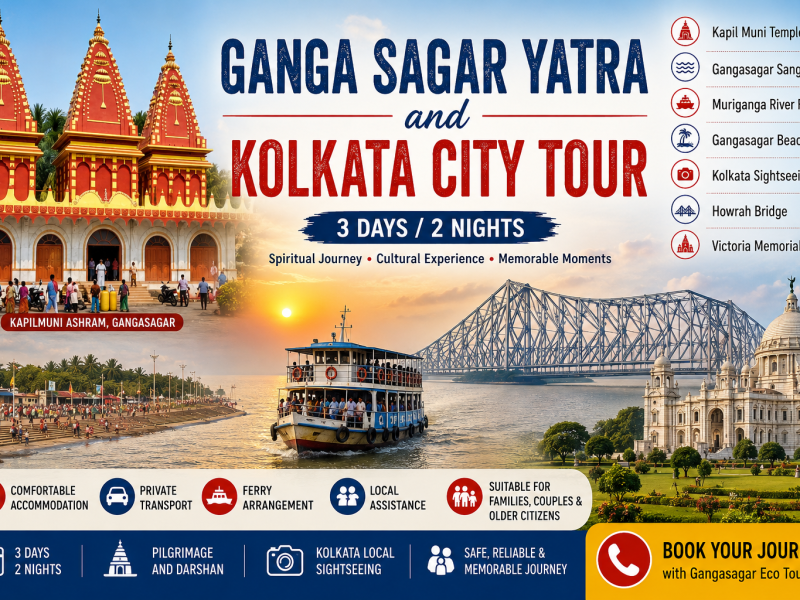 Gangasagar Yatra and Kolkata City Tour, Gangasagar tour package from Kolkata, Gangasagar Yatra from Kolkata, Kapil Muni Temple Gangasagar, Gangasagar Sangam, Gangasagar Beach, Muriganga River ferry, Sagar Island tour, Kolkata sightseeing tour, Victoria Memorial Kolkata, Howrah Bridge Kolkata, Gangasagar Kolkata tour package, 2 days Gangasagar tour, Gangasagar Eco Tourism