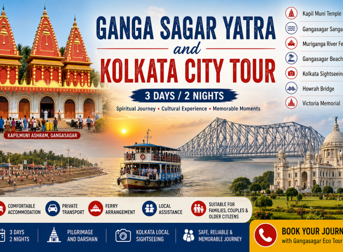 GangaSagar Yatra and Kolkata City Tour, Gangasagar tour package from Kolkata, Gangasagar Yatra from Kolkata, Kapil Muni Temple Gangasagar, Gangasagar Sangam, Gangasagar Beach, Muriganga River ferry, Sagar Island tour, Kolkata sightseeing tour, Victoria Memorial Kolkata, Howrah Bridge Kolkata, Kolkata Gangasagar tour package, Gangasagar pilgrimage tour, 3 days Gangasagar tour, Gangasagar Eco Tourism
