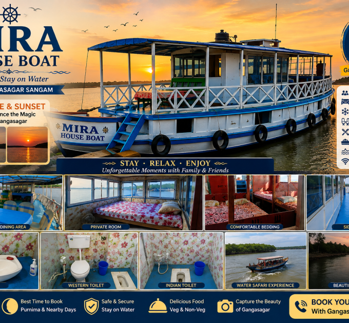 Mira House Boat Gangasagar, Mira House Boat near Gangasagar Sangam, Gangasagar houseboat stay, Gangasagar Sangam houseboat, Mira House Boat sunrise view, Mira House Boat sunset view, Gangasagar water safari, Gangasagar floating houseboat, Mira House Boat family stay, Mira House Boat AC room