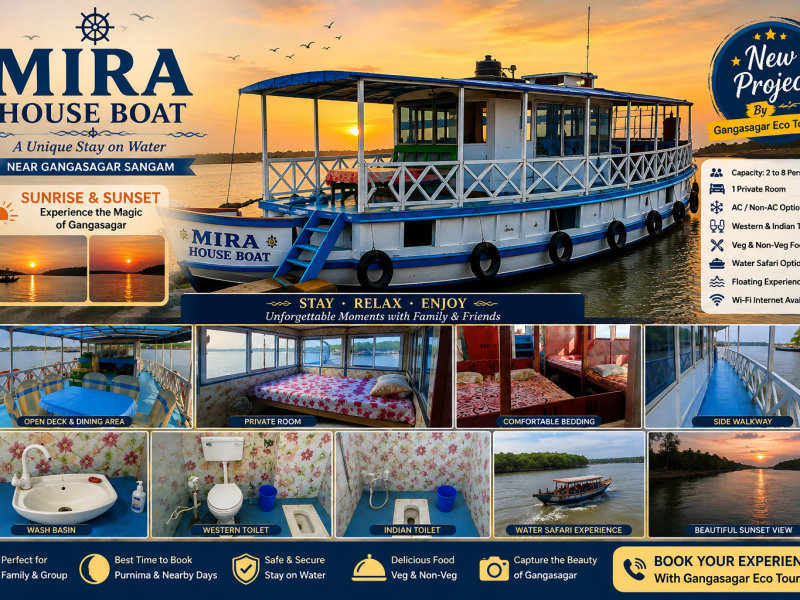 Mira House Boat Gangasagar, Mira House Boat near Gangasagar Sangam, Gangasagar houseboat stay, Gangasagar Sangam houseboat, Mira House Boat sunrise view, Mira House Boat sunset view, Gangasagar water safari, Gangasagar floating houseboat, Mira House Boat family stay, Mira House Boat AC room