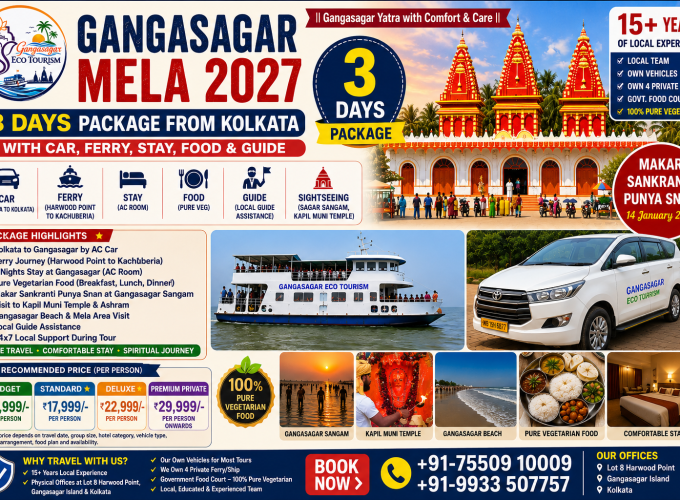 Gangasagar Mela 2027 3 Days Package from Kolkata, Gangasagar Mela Tour 2027, Gangasagar Mela Package with Car Ferry Stay Food Guide, Makar Sankranti Punya Snan, Gangasagar Sangam, Kapil Muni Temple, Gangasagar Beach, Gangasagar pilgrimage tour, Kolkata to Gangasagar Mela tour, Gangasagar Eco Tourism