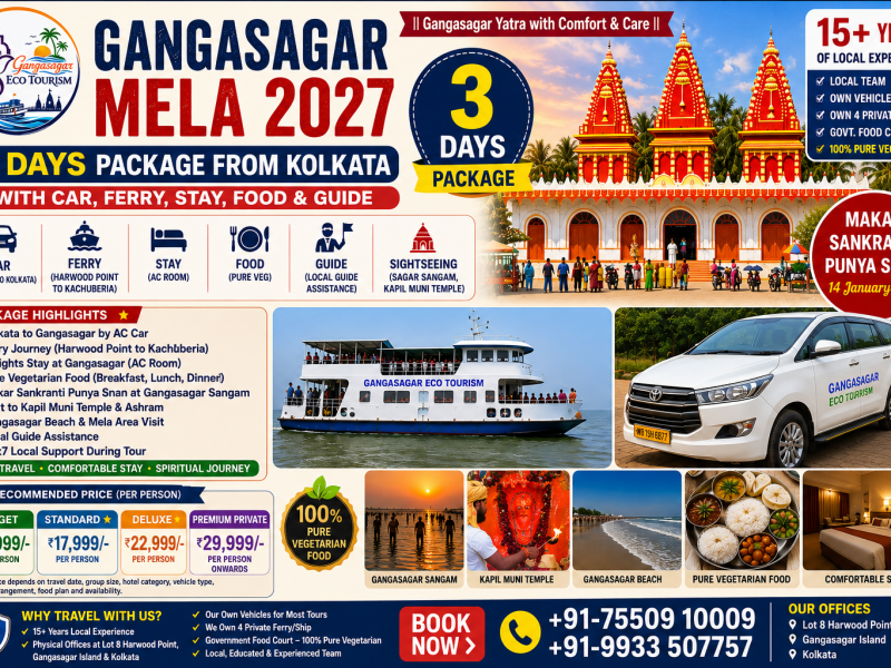 Gangasagar Mela 2027 3 Days Package from Kolkata, Gangasagar Mela Tour 2027, Gangasagar Mela Package with Car Ferry Stay Food Guide, Makar Sankranti Punya Snan, Gangasagar Sangam, Kapil Muni Temple, Gangasagar Beach, Gangasagar pilgrimage tour, Kolkata to Gangasagar Mela tour, Gangasagar Eco Tourism