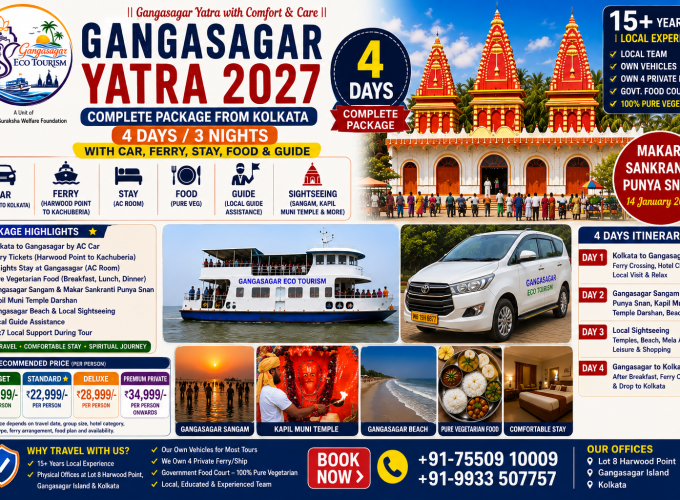 Gangasagar Yatra 2027 Complete Package from Kolkata, Gangasagar Tour Package 4 Days, Kolkata to Gangasagar Yatra, Gangasagar Sangam, Kapil Muni Temple, Gangasagar Beach, Gangasagar Ferry, Gangasagar Tour with Car, Gangasagar Tour with Guide, Gangasagar Pilgrimage Tour, Gangasagar Eco Tourism