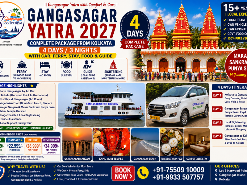 Gangasagar Yatra 2027 Complete Package from Kolkata, Gangasagar Tour Package 4 Days, Kolkata to Gangasagar Yatra, Gangasagar Sangam, Kapil Muni Temple, Gangasagar Beach, Gangasagar Ferry, Gangasagar Tour with Car, Gangasagar Tour with Guide, Gangasagar Pilgrimage Tour, Gangasagar Eco Tourism