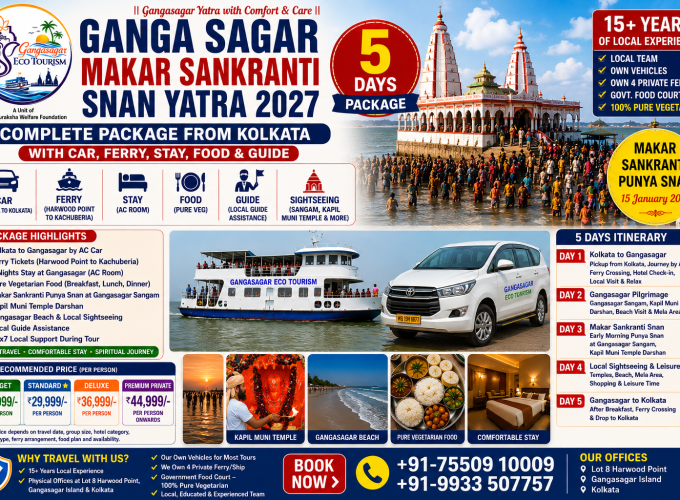 Ganga Sagar Makar Sankranti Snan Yatra 2027, Gangasagar Snan Yatra from Kolkata, Gangasagar Mela 2027, Makar Sankranti Punya Snan, Gangasagar Sangam, Kapil Muni Temple, Gangasagar Yatra 5 Days Package, Kolkata to Gangasagar Tour, Gangasagar Ferry, Gangasagar Eco Tourism