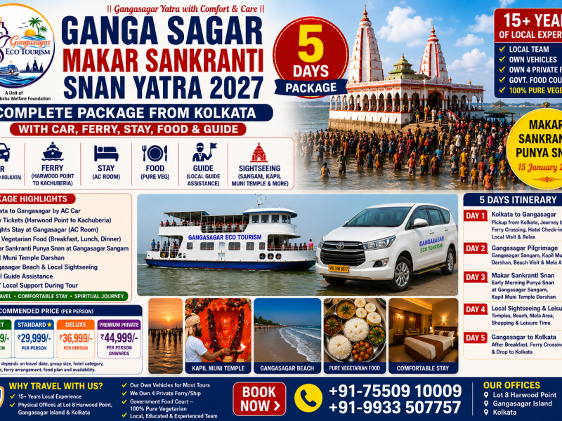 Ganga Sagar Makar Sankranti Snan Yatra 2027, Gangasagar Snan Yatra from Kolkata, Gangasagar Mela 2027, Makar Sankranti Punya Snan, Gangasagar Sangam, Kapil Muni Temple, Gangasagar Yatra 5 Days Package, Kolkata to Gangasagar Tour, Gangasagar Ferry, Gangasagar Eco Tourism